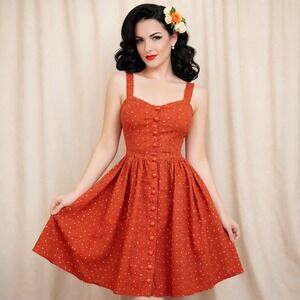 Collectif London Polka Dot Retro Sundress Orange Cotton Fit Flare Pinup XS